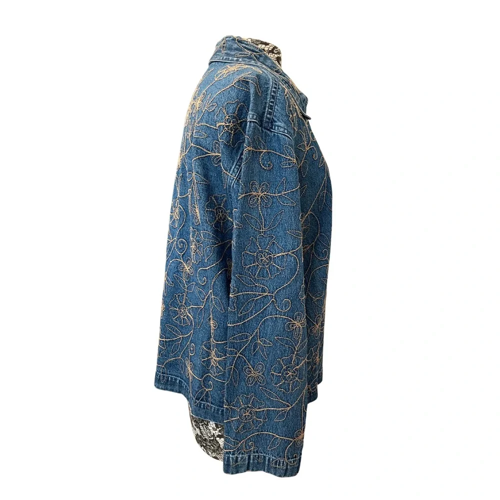 Vintage 90s Embroidered Denim Jacket L 100% Cotton Floral Western Granny‎ Artsy